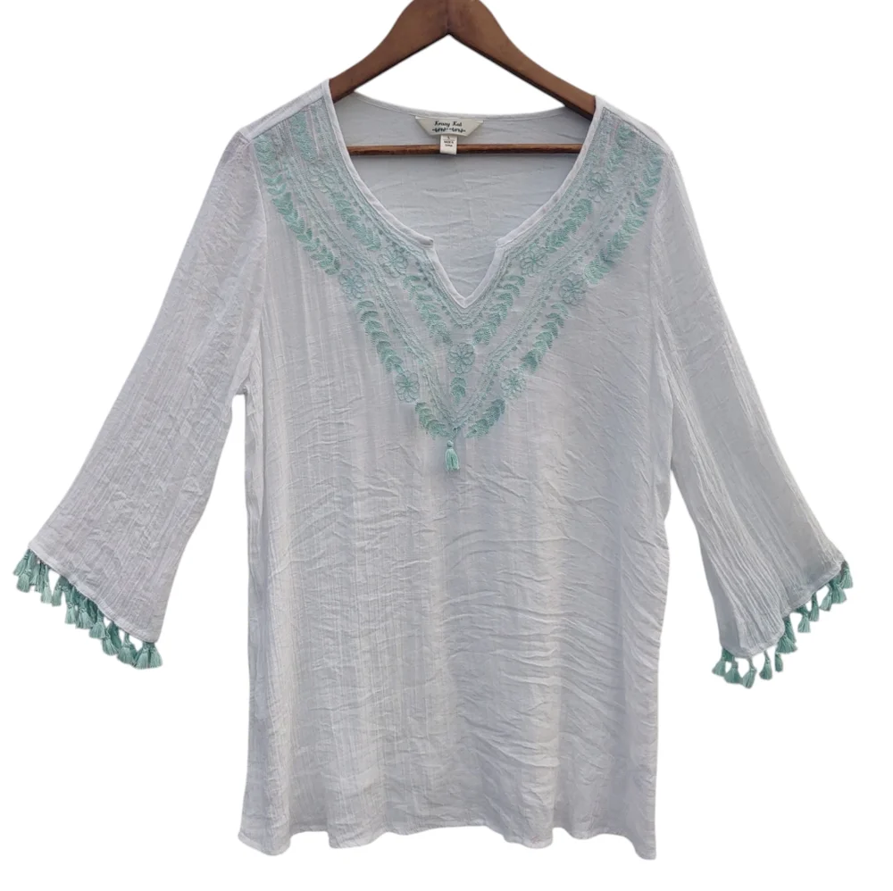 Krazy Kat White Top with Blue Accents Sheer Tassels Beach Top Large